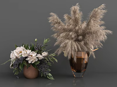 Terracotta Vase With White Peonies Green Foliage And Geometric Glass Vase With Feathery Pampas Grass 3d model
