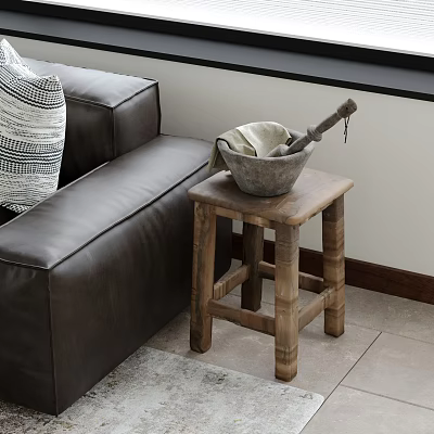 Wooden Side Table Next To Leather Sofa With Mortar And Cloth In Living Room 3d model
