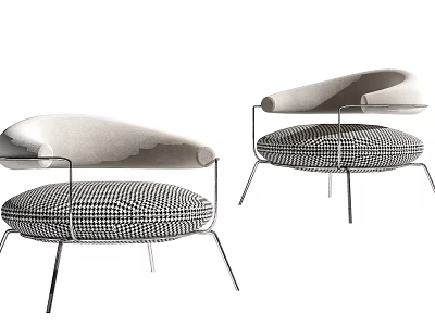 Modern Single Sofa With Checkered Fabric And Curved Armrest Metal Frame Design 3d model