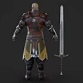 Man in Medieval Fantasy Armor Standing with Long Sword and Leather Straps
