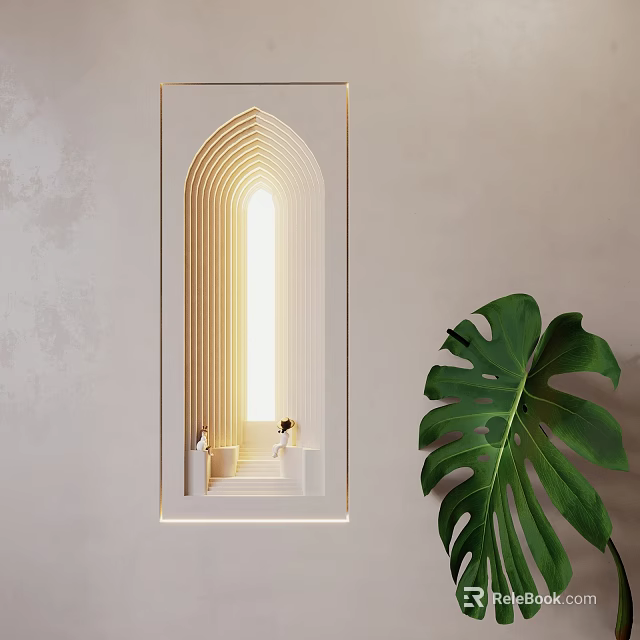 Modern Arched Wall Lamp With Warm Light On Light Wall Near Green Leaf Plant 3d model 