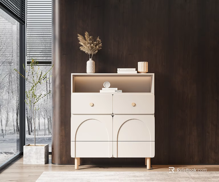 Modern White Entryway Cabinet Sideboard with Vase Dried Plants Books Cup Against Dark Wall Near Window 3d model 