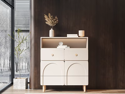 Modern White Entryway Cabinet Sideboard with Vase Dried Plants Books Cup Against Dark Wall Near Window 3d model