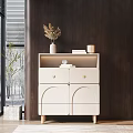Modern White Entryway Cabinet Sideboard with Vase Dried Plants Books Cup Against Dark Wall Near Window