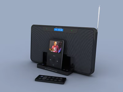 Black Headphone Speaker System With Digital Time Display Device Dock Remote Control And Wireless Antenna 3d model