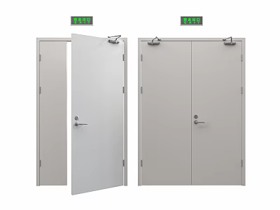 Safety Exit Fire Doors With Green Indicator Signs In Open And Closed Positions 3d model