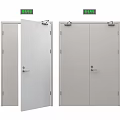 Safety Exit Fire Doors With Green Indicator Signs In Open And Closed Positions