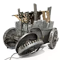 Rustic Wooden Cart Components With Large Wheels Planks And Tattered Cloth