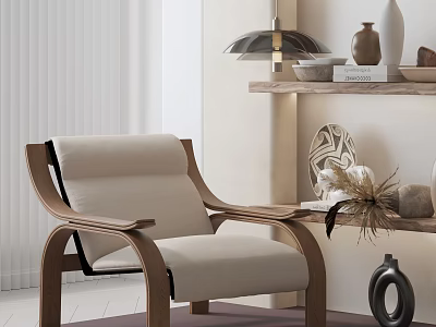 Modern Leisure Chair With Wooden Frame Beige Cushion And Decorative Shelf In Living Room 3d model