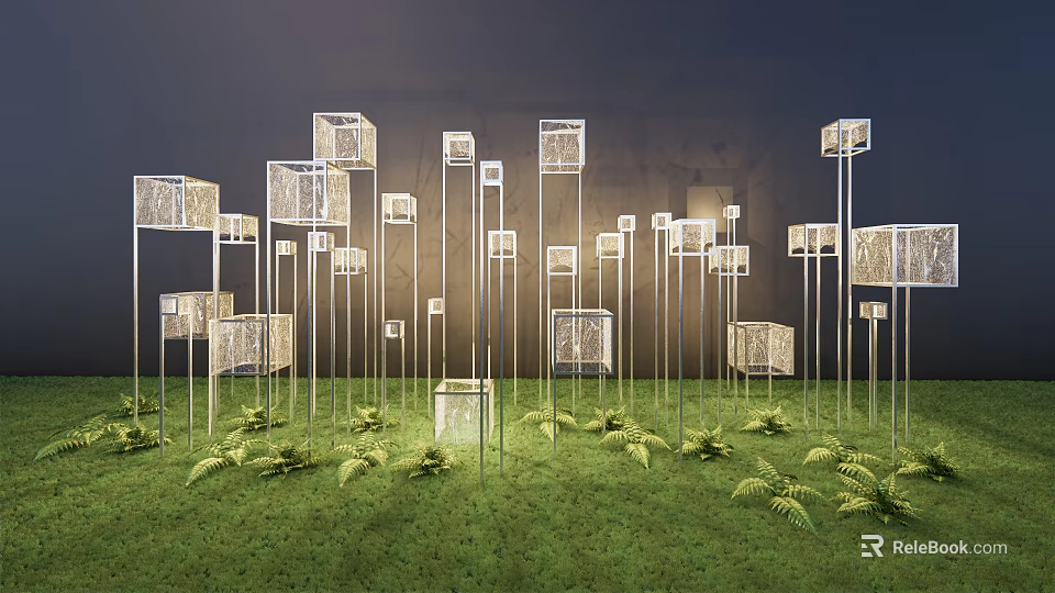 Modern Decorative Outdoor Lights With Transparent Cube Design In Grassland Setting 3d model 