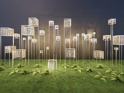 Modern Decorative Outdoor Lights With Transparent Cube Design In Grassland Setting 3d model