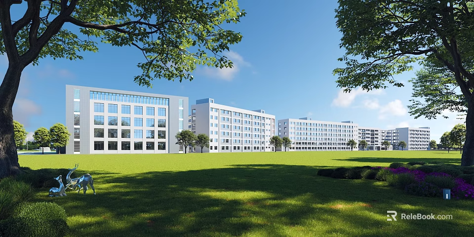 Modern School Buildings With Large Windows Green Lawn And Trees Under Blue Sky 3d model 