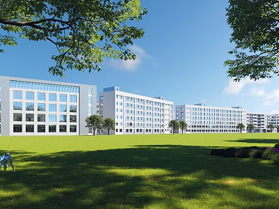 Modern School Buildings With Large Windows Green Lawn And Trees Under Blue Sky 3d model