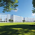Modern School Buildings With Large Windows Green Lawn And Trees Under Blue Sky