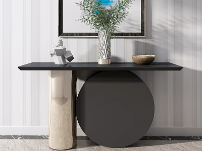 Modern Console Table With Black Countertop Green Plants Sculpture And Golden Bowl On Striped Wall 3d model