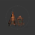 Wooden Hut With Orange Flame Like Roof Wooden Platform And Staircase On Blue Water