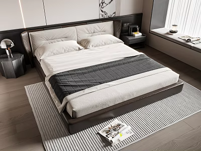 Modern Double Bed with Leather Headboard White and Gray Bedding Nightstand and Striped Rug 3d model