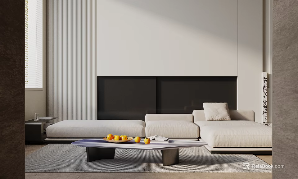 Modern Beige L shaped Sofa And Coffee Table Set With Fruit Decor In Living Room 3d model 