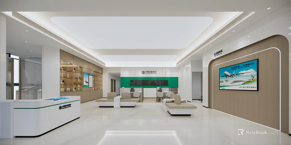Modern Bank Interior With Service Counters Waiting Seats And Reception Area 3d model