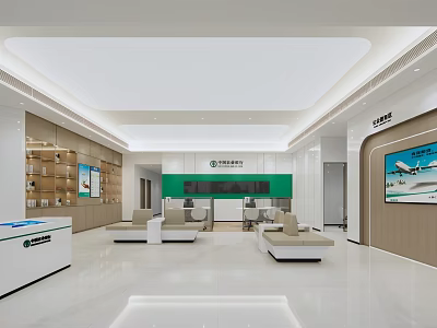 Modern Bank Interior With Service Counters Waiting Seats And Reception Area 3d model
