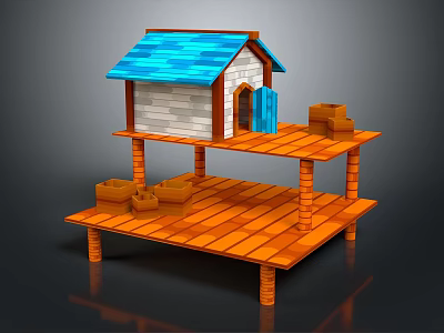 Small Wooden House With Blue Roof White Walls Blue Door And Two Tiered Wooden Platform 3d model