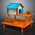 Small Wooden House With Blue Roof White Walls Blue Door And Two Tiered Wooden Platform