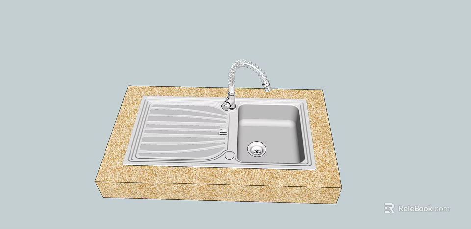 Stainless Steel Kitchen Sink With Drainboard And Faucet On Tan Granite Countertop 3d model 
