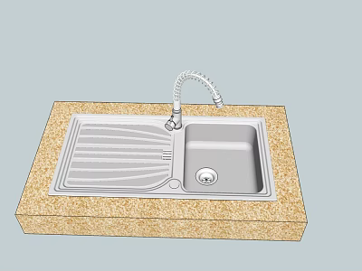 Stainless Steel Kitchen Sink With Drainboard And Faucet On Tan Granite Countertop 3d model
