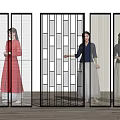 Stylish Modern Room Dividers Featuring Geometric Grilles Perforated Panels And Hanging Lines With People Behind