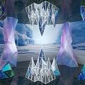 Geometric Art Installation Featuring Hanging Standing Structures With Vibrant Purple Blue Hues In Icy Landscape