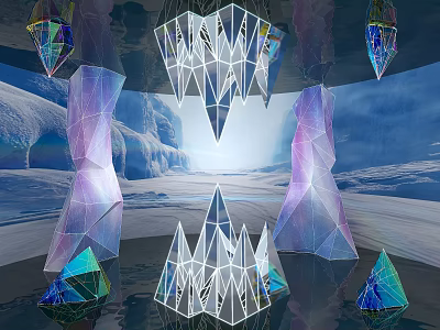 Geometric Art Installation Featuring Hanging Standing Structures With Vibrant Purple Blue Hues In Icy Landscape 3d model