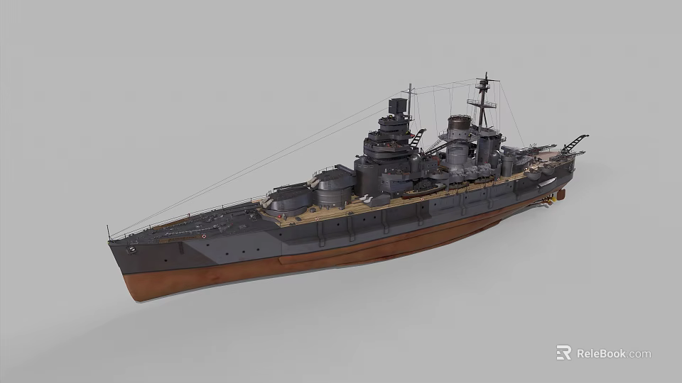 Detailed Vintage Warship Model With Multiple Turrets Gray Brown Hull Wooden Deck Mast And Chimney 3d model 