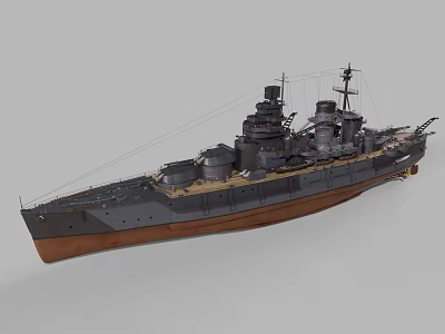 Detailed Vintage Warship Model With Multiple Turrets Gray Brown Hull Wooden Deck Mast And Chimney 3d model