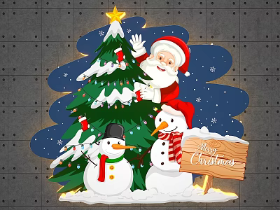Festive Christmas Scene With Santa Claus Snowmen Decorated Tree And Merry Sign 3d model