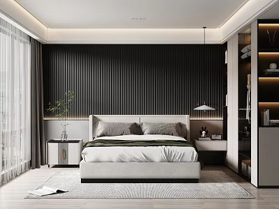 Modern Bedroom Design With Black Vertical Striped Accent Wall White Bed Nightstands And Gray Rug 3d model