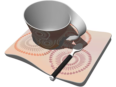 Decorative Cup with Ornate Patterns on Colorful Coaster and Metal Spoon 3d model