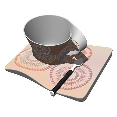 Decorative Cup with Ornate Patterns on Colorful Coaster and Metal Spoon 3d model