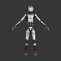 White Mechanical Robot Character with Red Joints Silver Head and Blue Feet Design Features