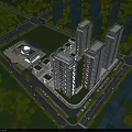 Aerial Planning View of Urban Development with Multiple High Rise Buildings and Green Areas