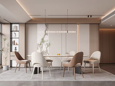 Modern Luxury Restaurant Interior With Dining Table Chairs Pendant Lights Bookshelf And Green Plants 3d model