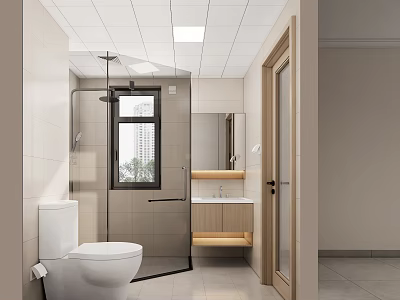 Modern Bathroom Interior Design With Glass Shower Partition Toilet Vanity Mirror And Window 3d model