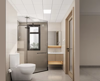 Modern Bathroom Interior Design With Glass Shower Partition Toilet Vanity Mirror And Window 3d model