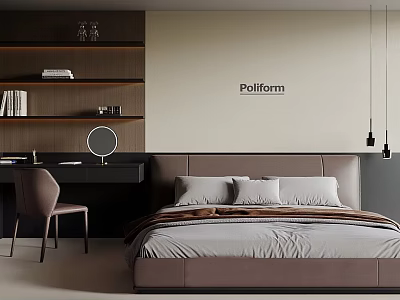 Double Bed In Modern Bedroom With Brown Headboard Pillows Desk Chair And Poliform Wall 3d model