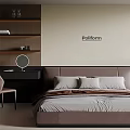 Double Bed In Modern Bedroom With Brown Headboard Pillows Desk Chair And Poliform Wall