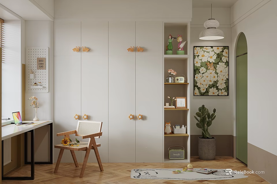 Cozy Modern Kids Room With Wardrobe Desk Chair And Decorations 3d model 