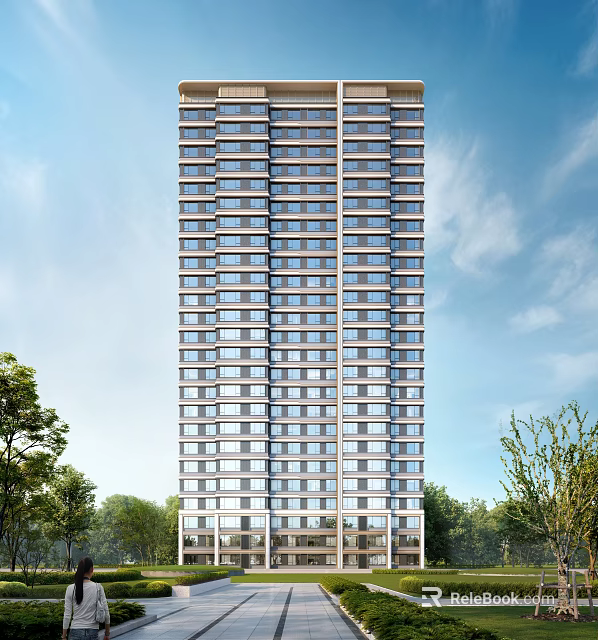High Rise Modern Residential Building With Glass Windows And Green Tree Surroundings 3d model 