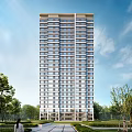 High Rise Modern Residential Building With Glass Windows And Green Tree Surroundings
