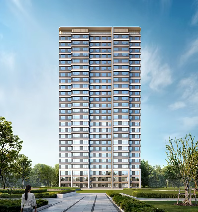 High Rise Modern Residential Building With Glass Windows And Green Tree Surroundings 3d model