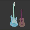 Musical Instruments and Art Supplies Featuring Blue Electric Guitar Brown Ukulele and Artistic Decorative Elements
