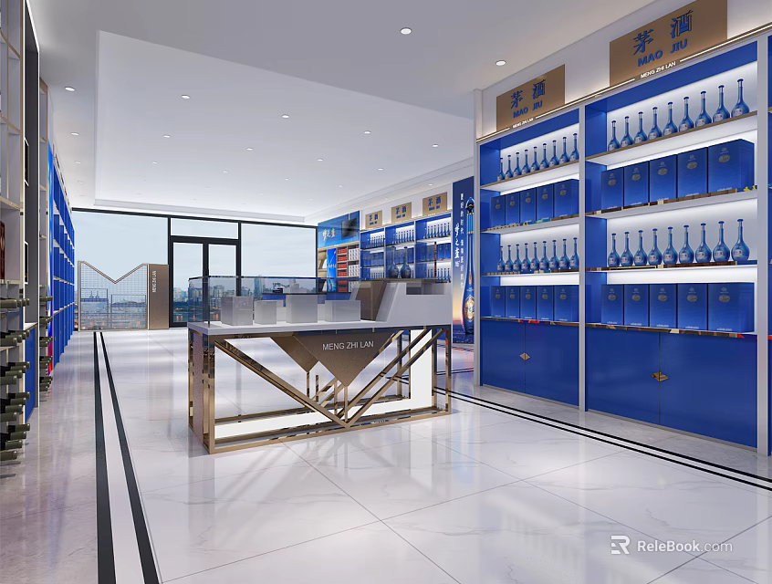 Bright Modern Retail Store Interior With Blue Shelves And Bottled Products Display Cabinets 3d model 